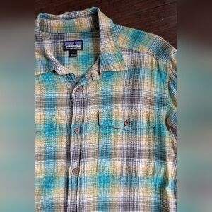 Patagonia Men's Casual Button Down Shirt - Blue, Yellow, Black Plaid